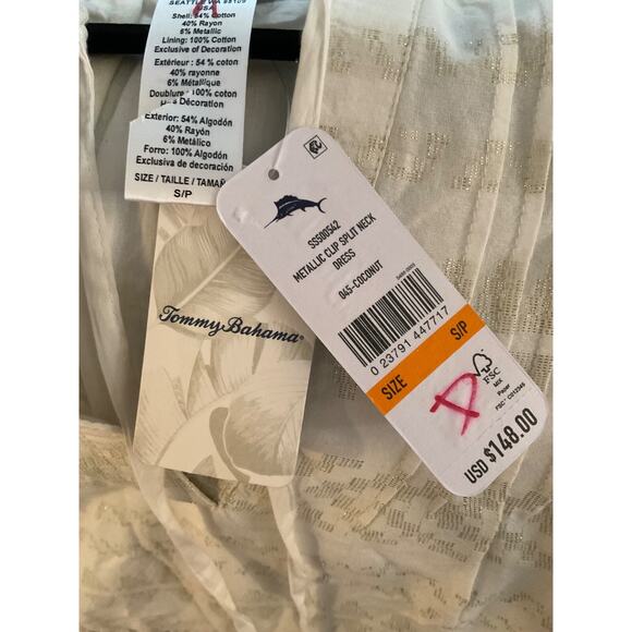 TOMMY BAHAMA WHITE W METALLIC THREADING SPLIT NECK DRESS WITH WHITE TASSLES SZ S - Picture 8 of 8